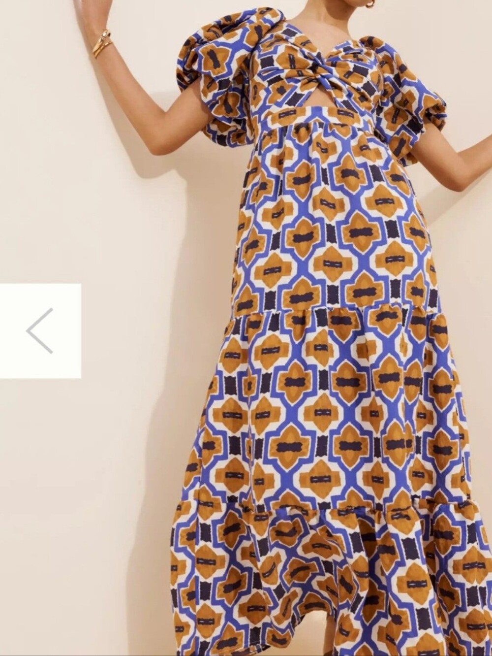 Anthropologie Blue and Yellow Geometric Puff-Sleeve Maxi Dress